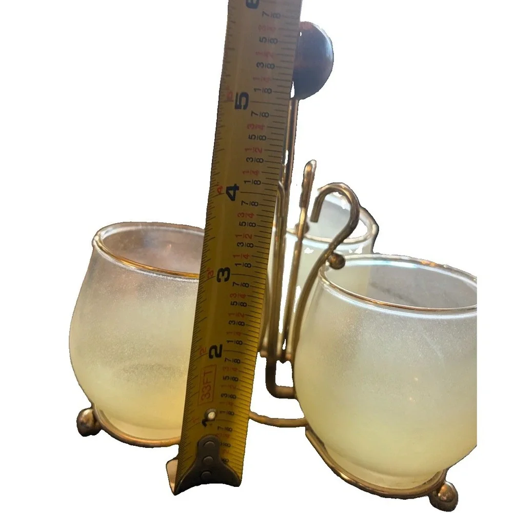 Vintage MCM 3 Glass Condiment Caddy Frosted Yellow Gold Rim Brass Tone Stand